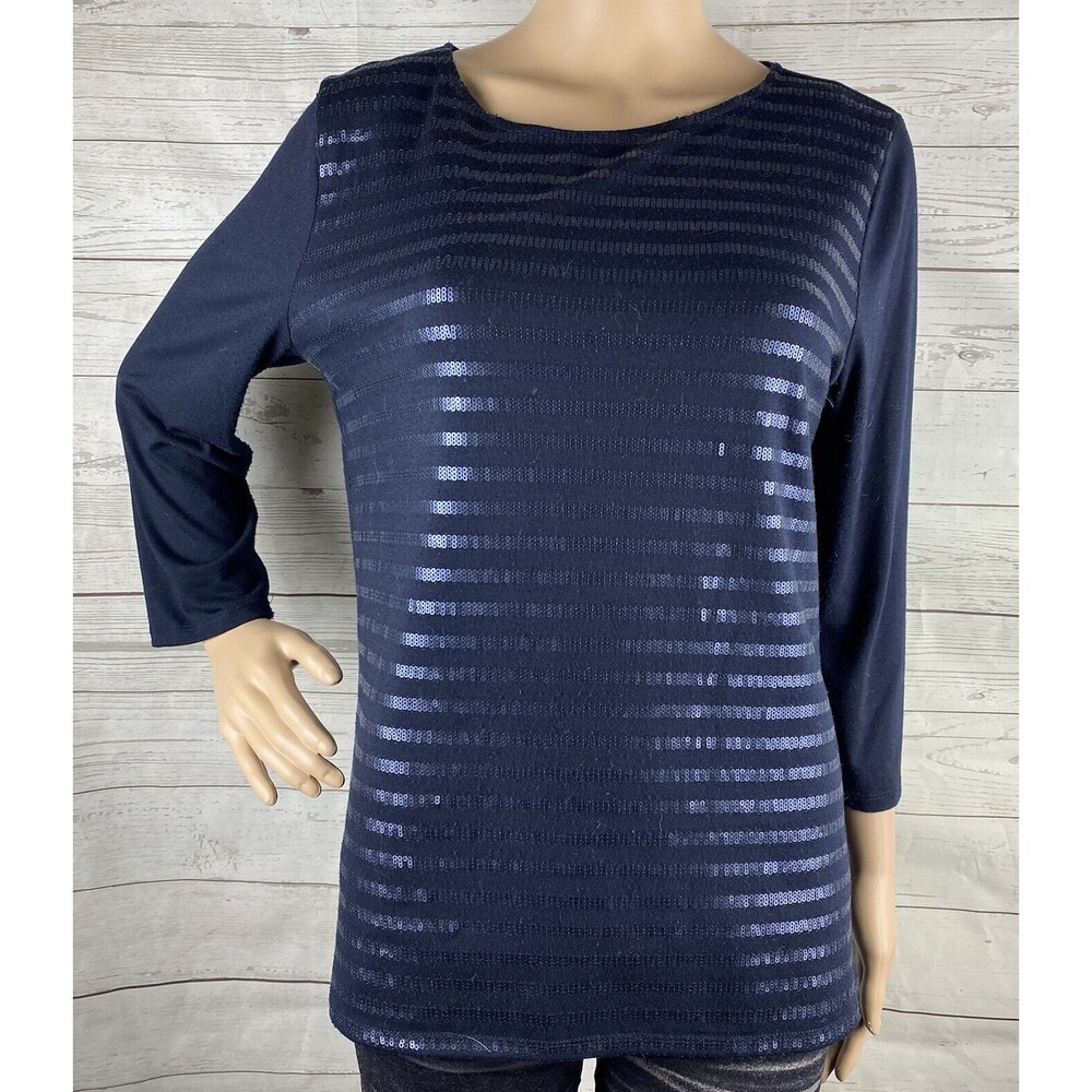 Liz Claiborne Sequin Striped Shirt Navy Blue